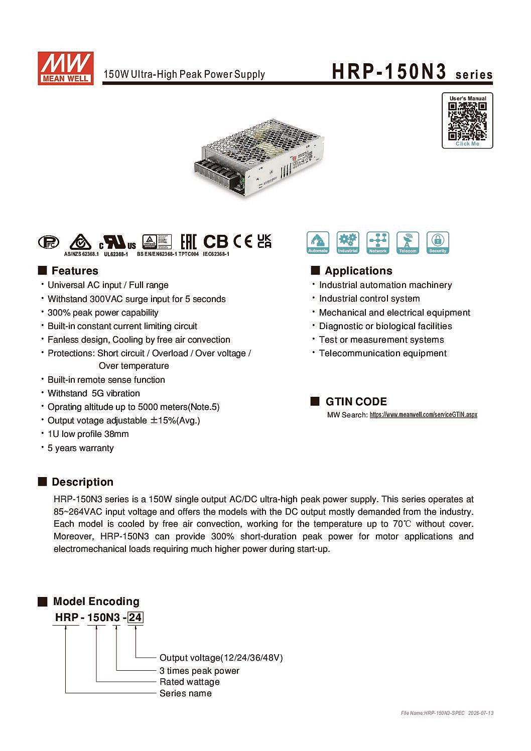 HRP 150N3 spec SI pdf