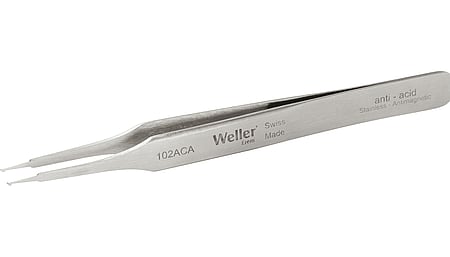 SMD tweezers angled 45° with fine tips for vertical application.