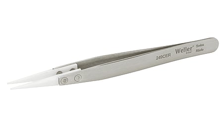 Precision tweezers with ceramic tip and finger profile for a secure grip