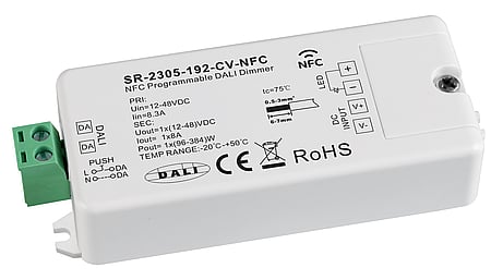 1 Kanal DALI / AC PUSH LED Dimmer, NFC, Konstantspannung 12-48VDC, max. 384W