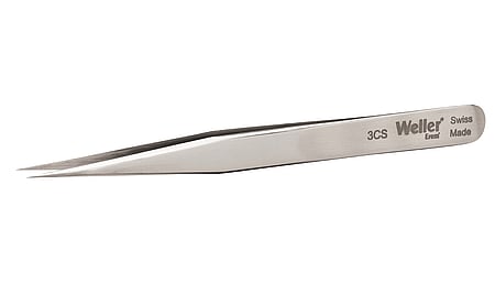 Precision tweezers with long tips for precision work on printed circuit boards