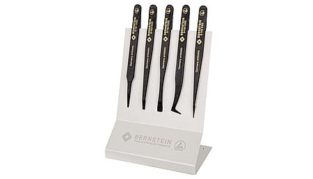 ESD plastic precision tweezers set 5 pcs; holder steel ESD 7035 coated