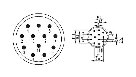 M23 signal contact insert 12-pin (m), crimp insert without contacts