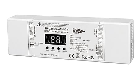 DMX512 RDM LED dimmer, 4 channel, constant voltage 12-48VDC, max. 720W