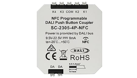 DALI2 DT6 / DT8 NFC programmable push-button coupler, 4 buttons