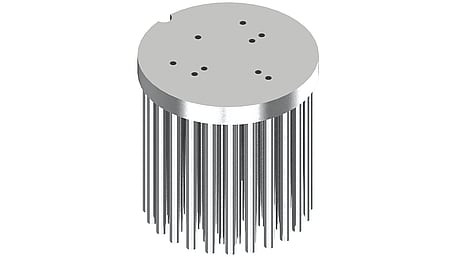 LED pin fin heat sink, ø67mm, H 68mm, Base 8mm, Zhaga&amp;Philips holes, Clear