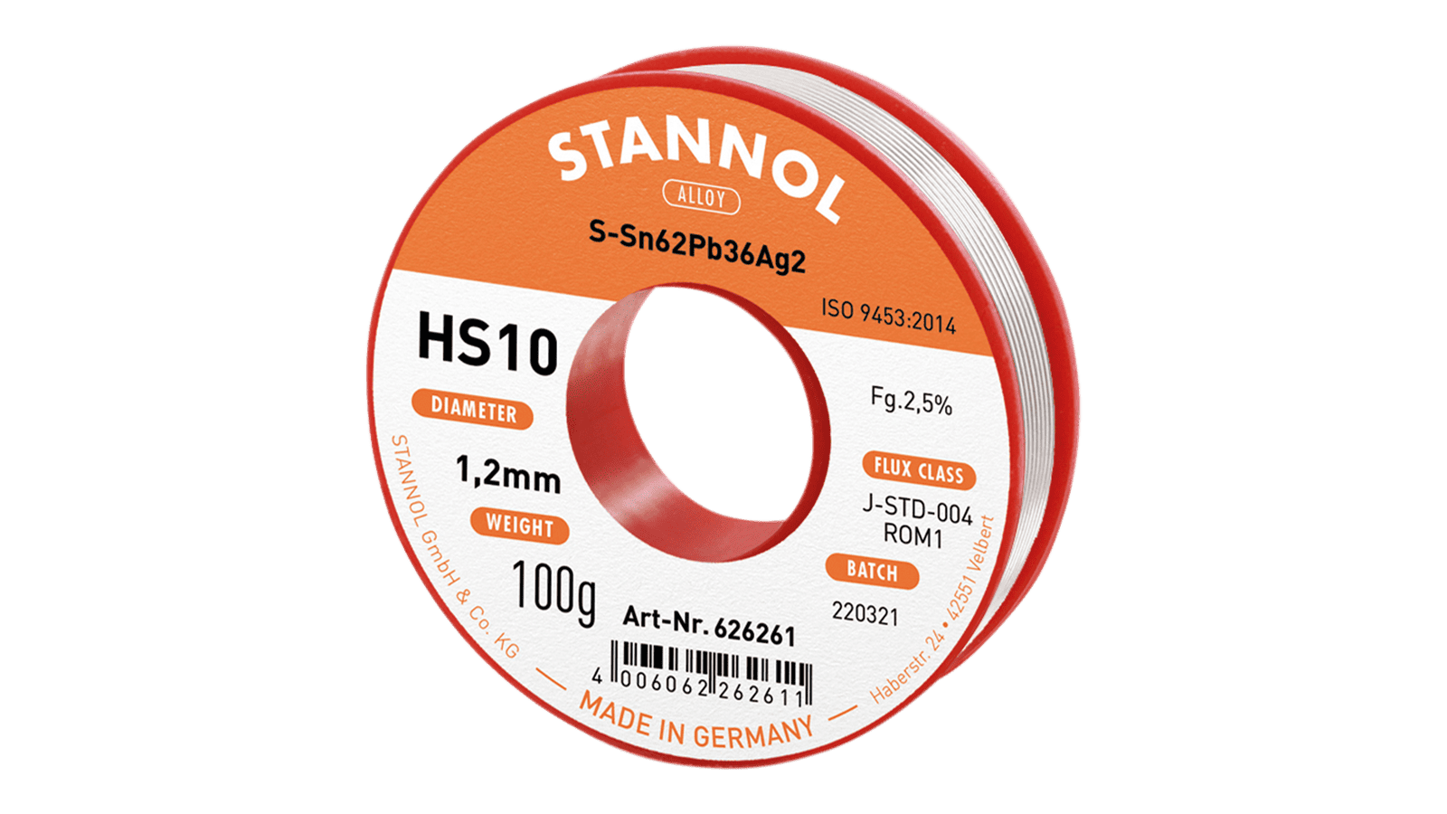 STANNOL - Lötdraht HS10, Sn62Pb36Ag2, RO M1, 1.2mm, 100g