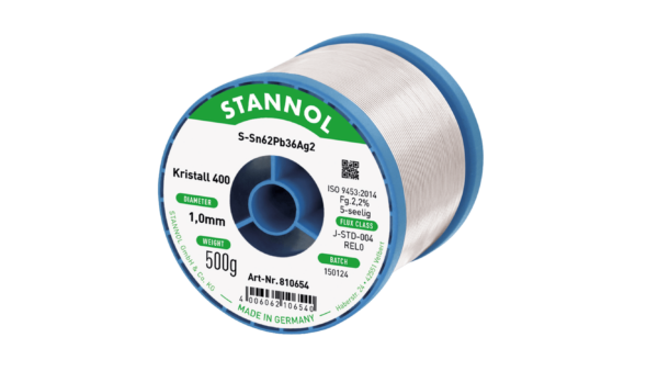 Fil de soudure cristal 400, Sn62Pb36Ag2, RE L0, 1mm, 500g