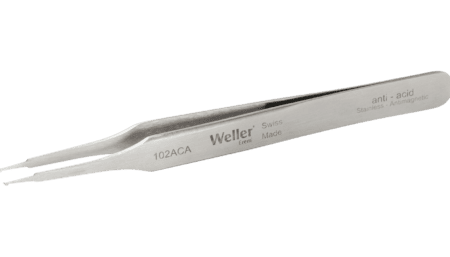 SMD tweezers angled 45° with fine tips for vertical application.