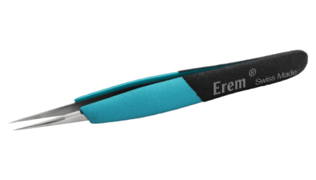 Ergonomic precision tweezers with long, straight, fine tips