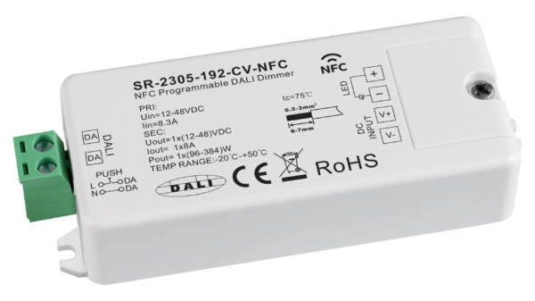 1 Kanal DALI / AC PUSH LED Dimmer, NFC, Konstantspannung 12-48VDC, max. 384W