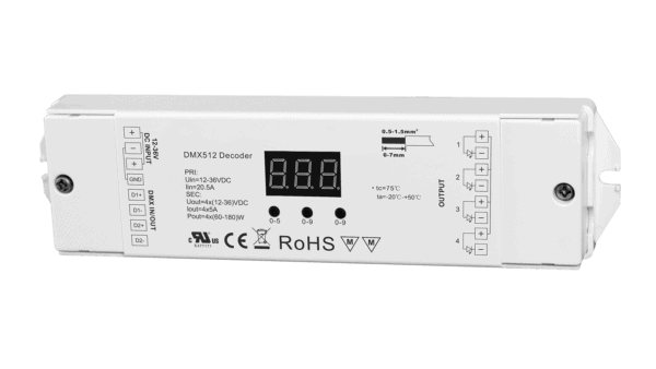 4 Kanal DMX512 LED Dimmer, RGBW, Konstantspannung 12-48VDC, max. 720W