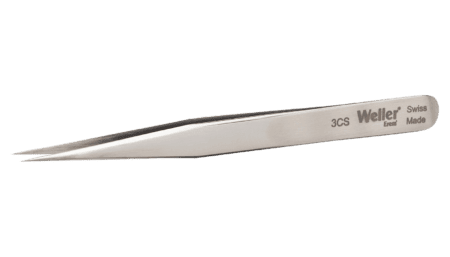 Precision tweezers with long tips for precision work on printed circuit boards