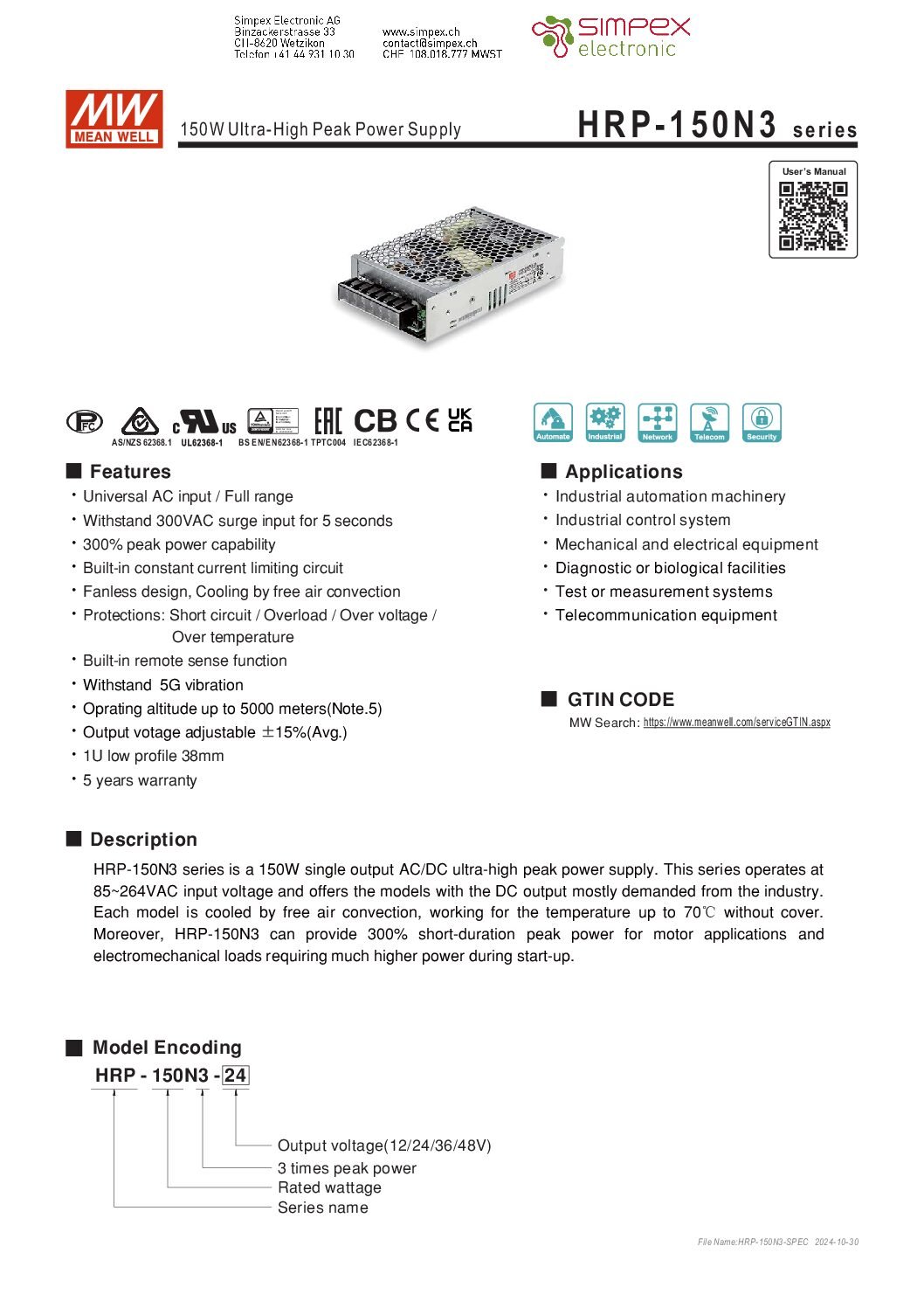 HRP 150N3 spec pdf
