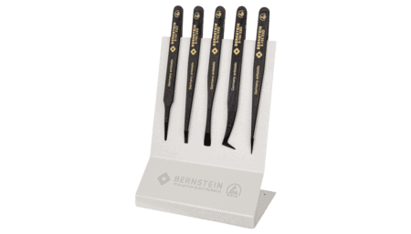 ESD plastic precision tweezers set 5 pcs; holder steel ESD 7035 coated