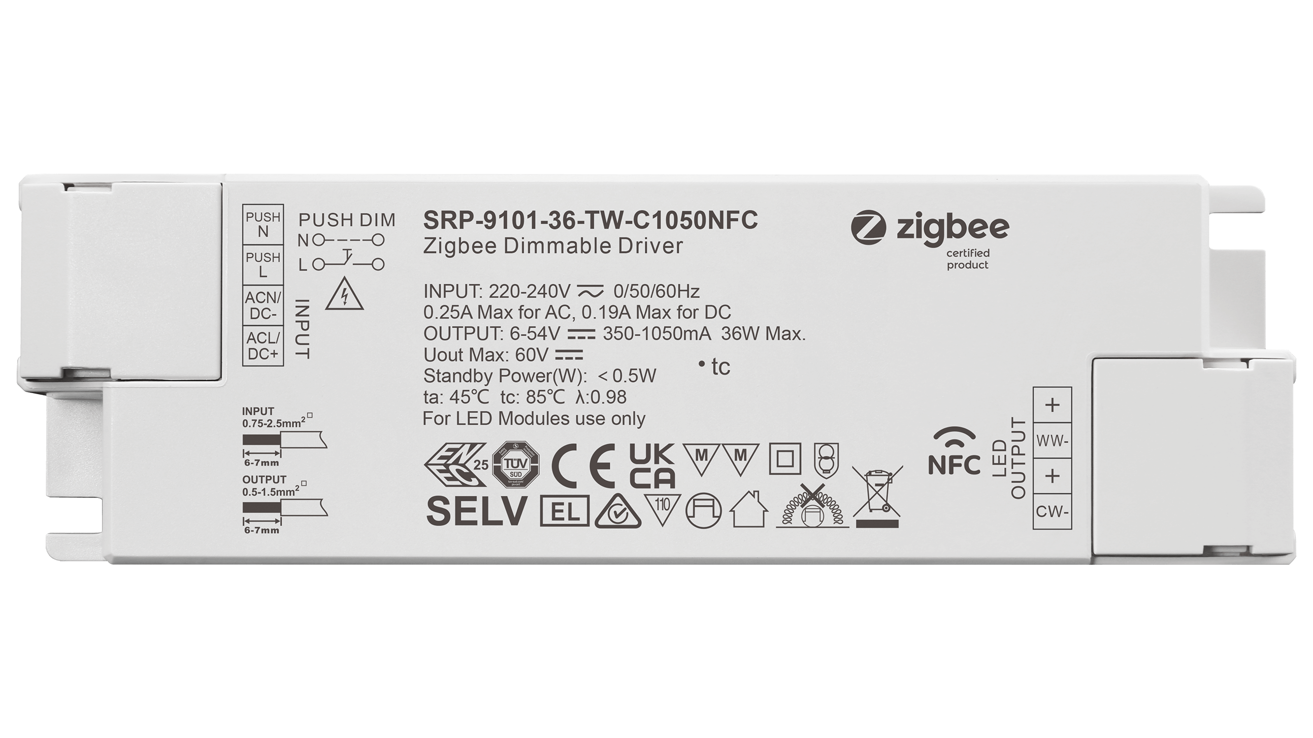 36W ZigBee 3.0, AC-PUSH, Tunable White LED TREIBER CC 350-1050mA mit NFC