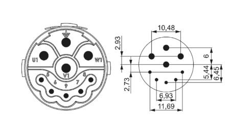 M23 Puissance Insert de contact (m) 9 pôles (5+3+PE), insert à sertir sans contacts