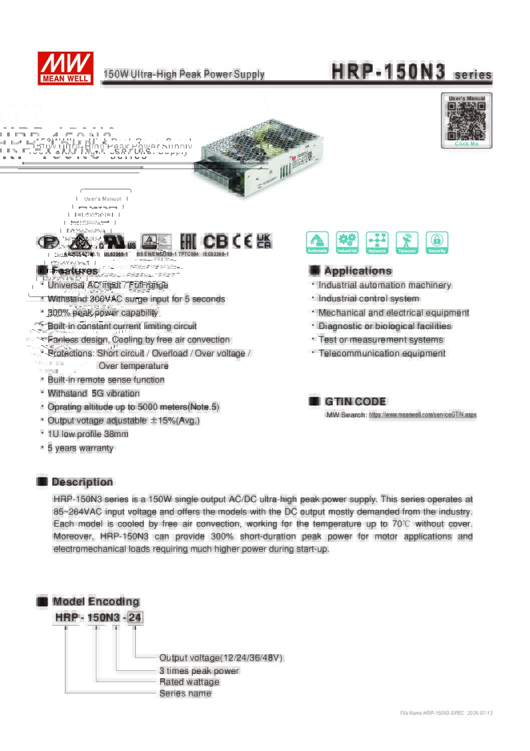 Fiche technique HRP 150N3 au format PDF